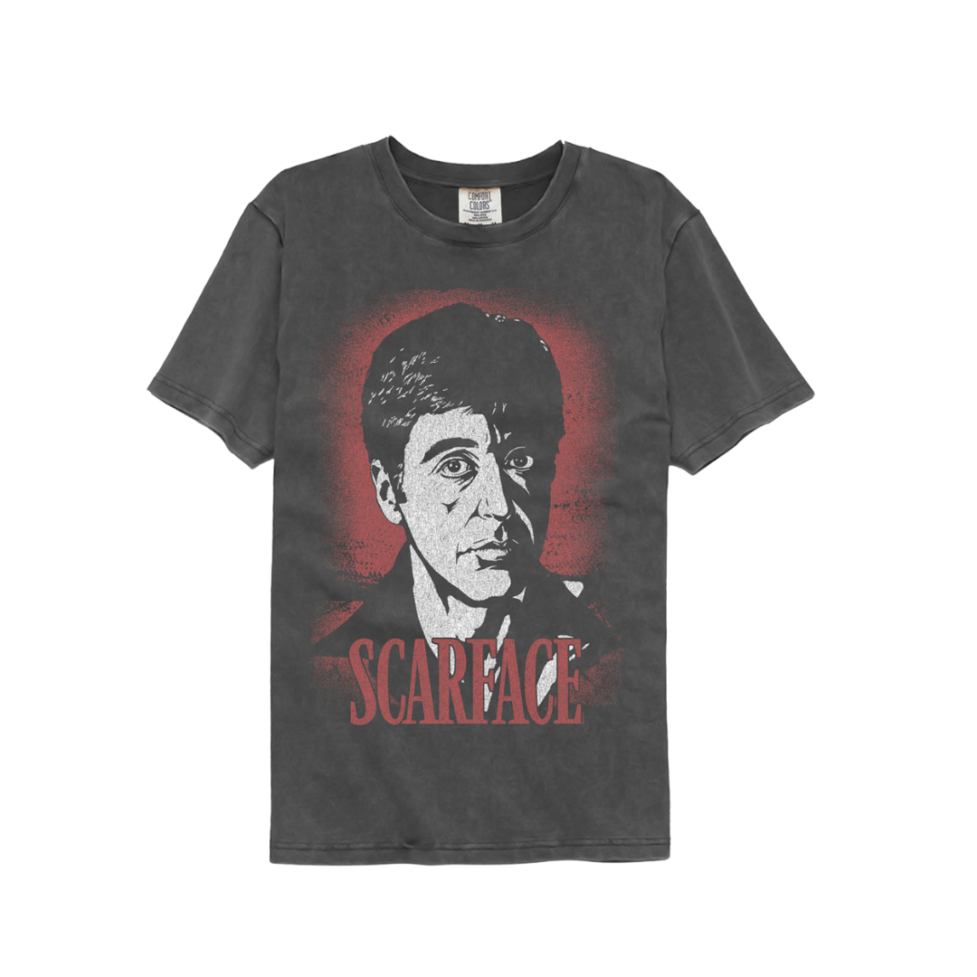Gray t-shirt with 'Scarface' graphic design on a white background