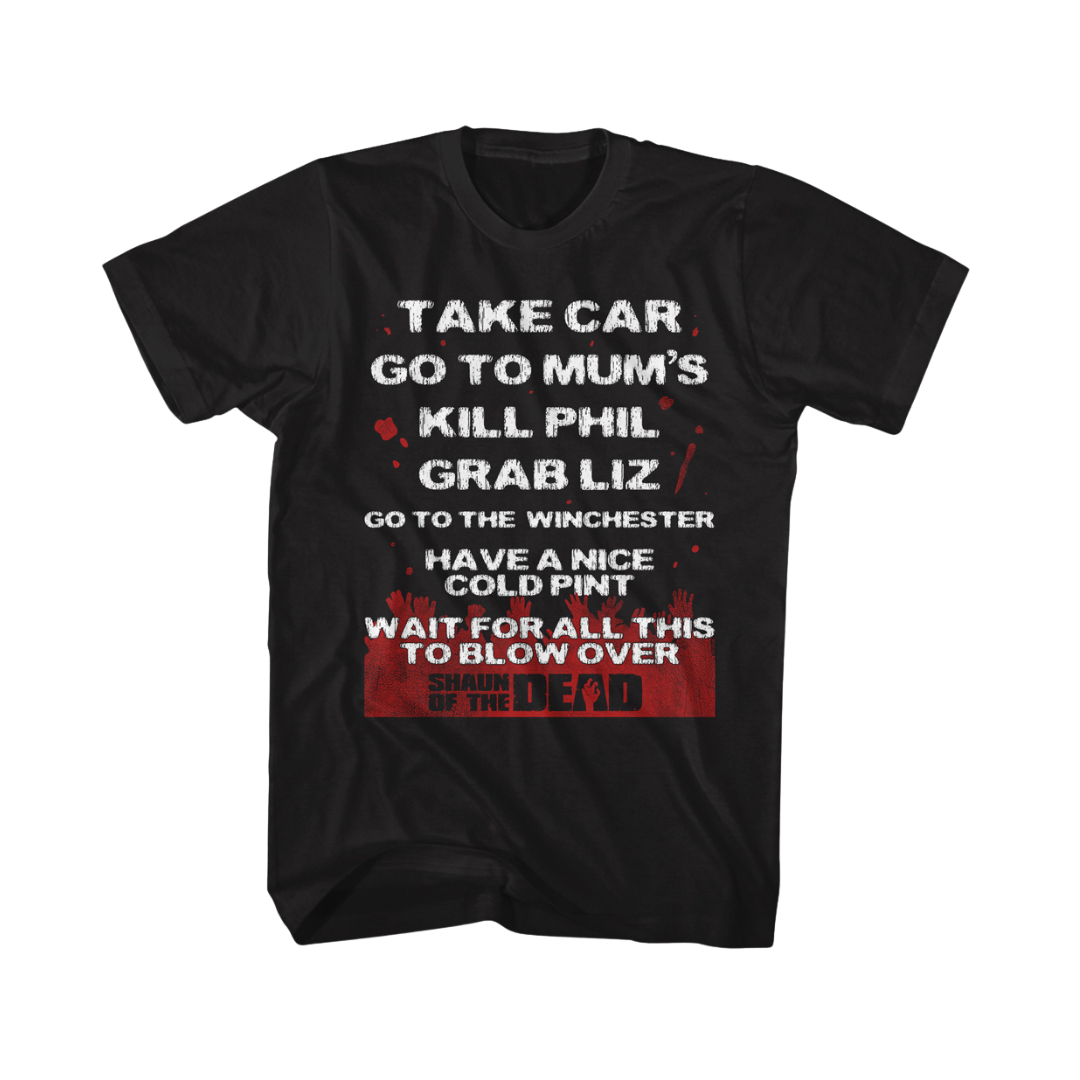 Black t-shirt with white and red text on a white background