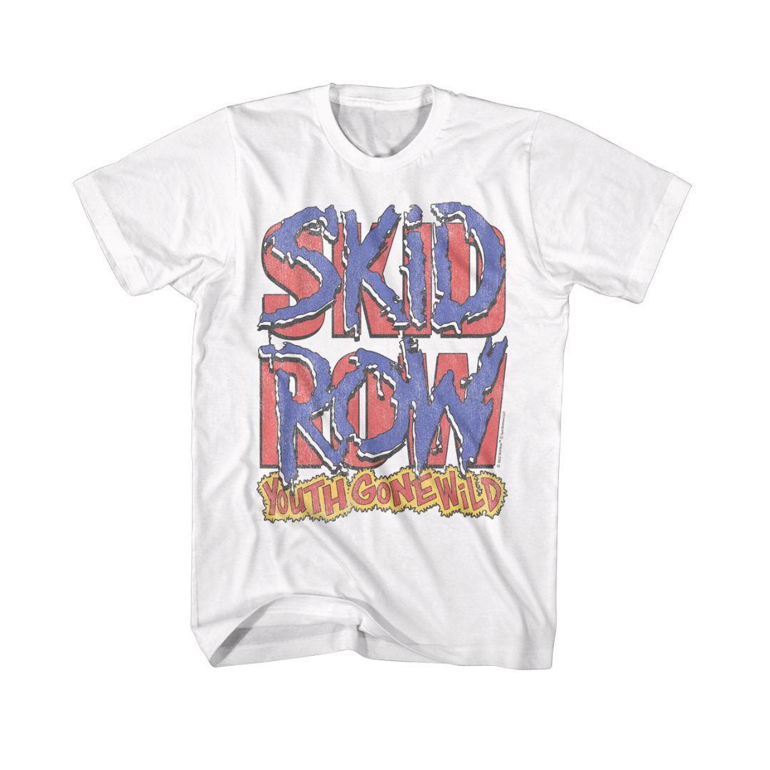 White t-shirt with 'Skid Row Youth Gone Wild' graphic design on a white background