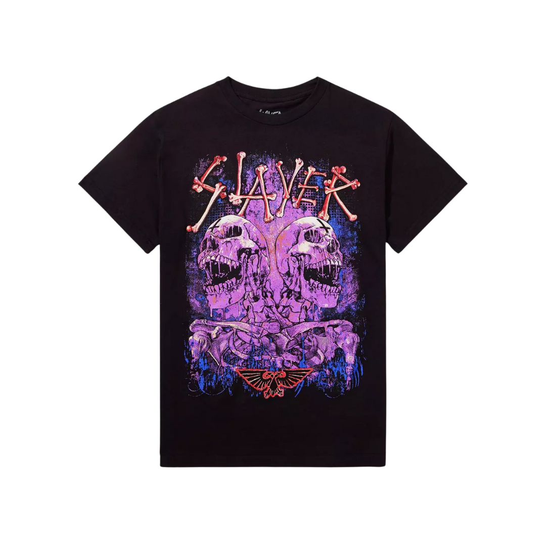 Black t-shirt with Slayer graphic design on a white background