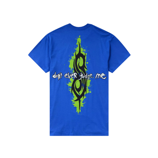Blue t-shirt with green and black design on the back