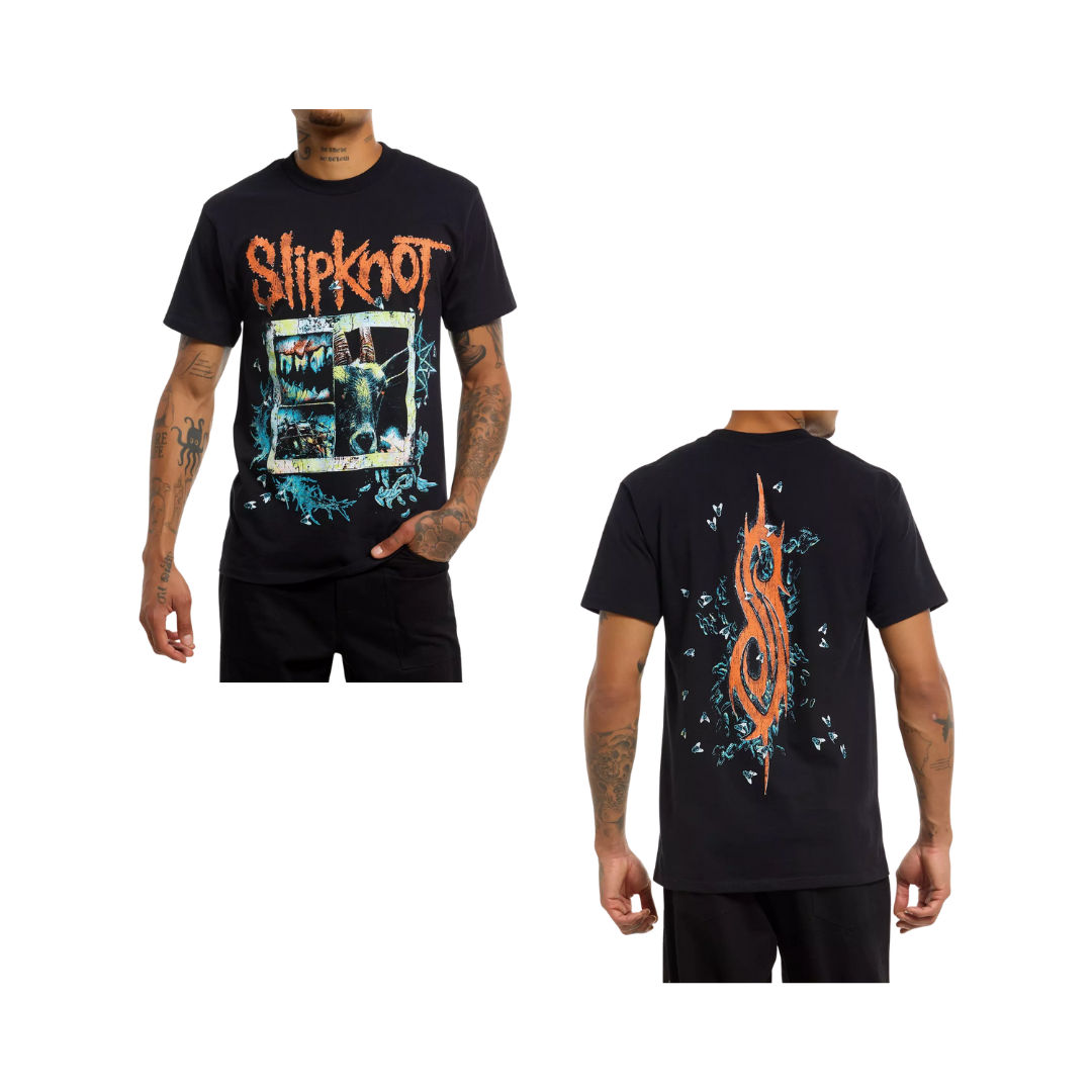 Black t-shirt with Slipknot logo and design on front and back worn by a person.