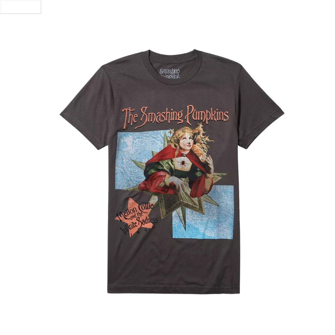 Black t-shirt with 'The Smashing Pumpkins' graphic design on a white background