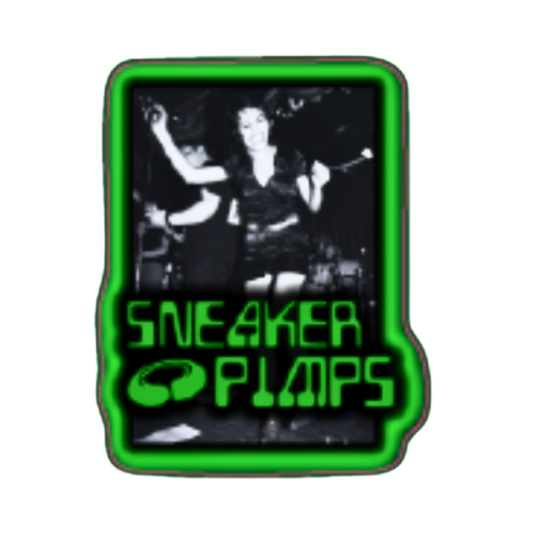 Black, white and green sticker with 'Sneaker Pimps' branding on a black background