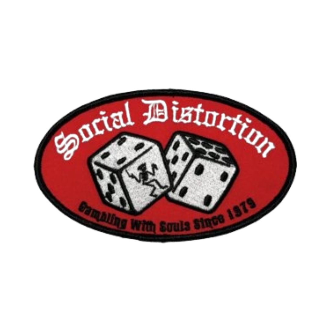 Social Distortion patch with dice design on a red background