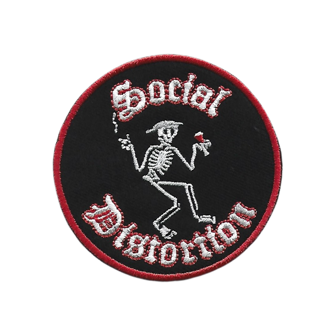 A round patch with a skeleton design and the text 'Social Distortion' in a circular arrangement with red and white embroidery.