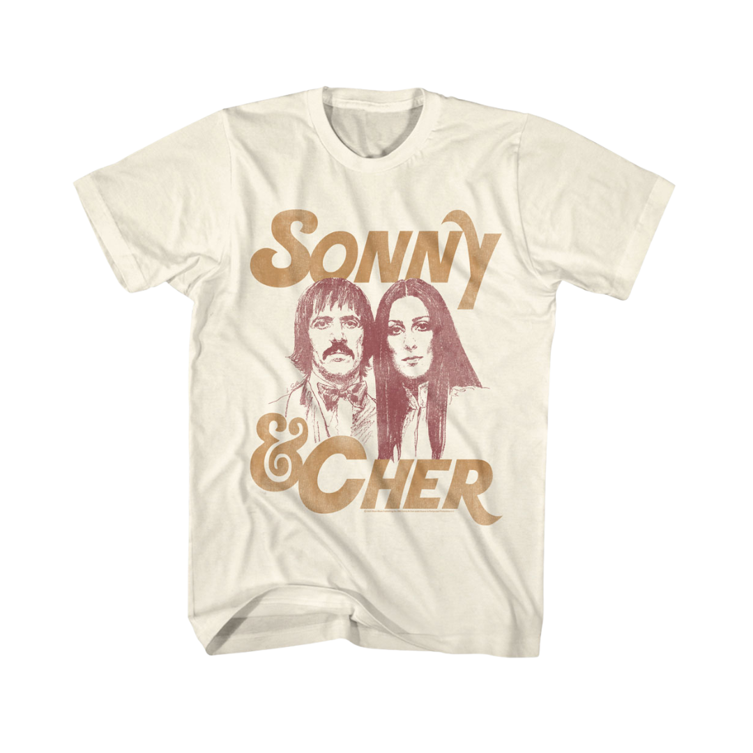 T-shirt with 'Sonny & Cher' graphic on a white background