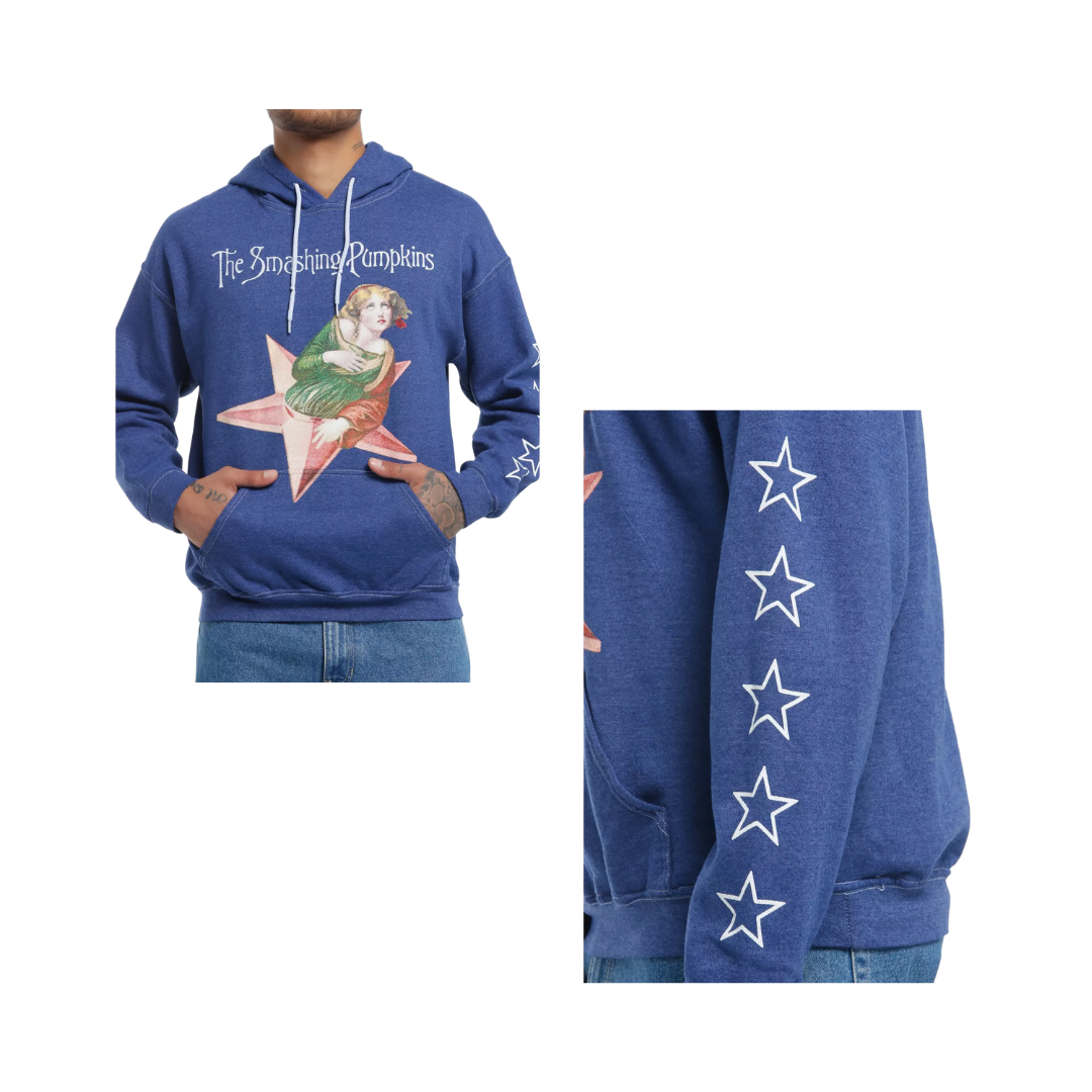 Blue hoodie with graphic design and star patterns