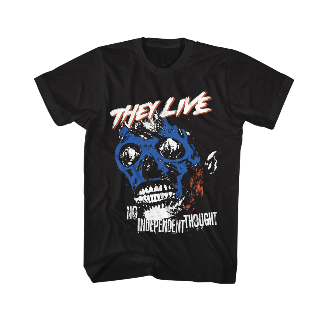 Black t-shirt with a skull graphic and text on a white background