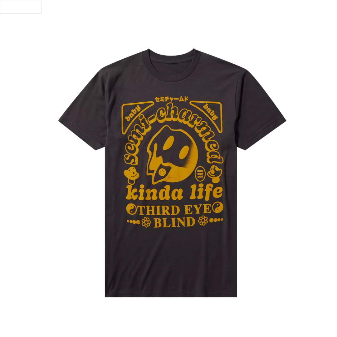 Black t-shirt with yellow graphic and text