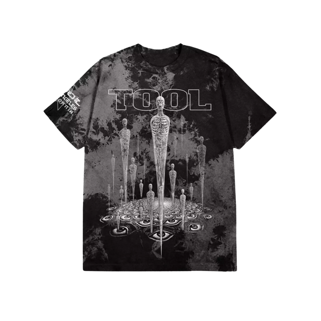 Black t-shirt with 'TOOL' band design featuring skeletons and abstract elements on a white background.