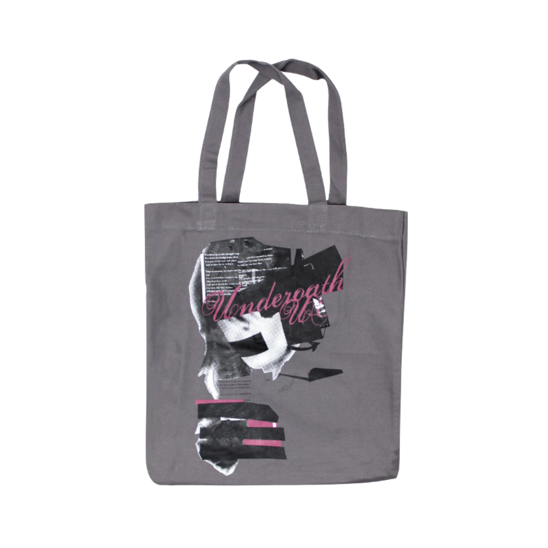 Gray tote bag with graphic design and text on a white background