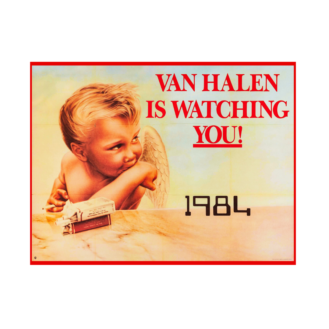 Vintage-style sticker with a child and text 'Van Halen is watching you! 1984' on a yellow background.