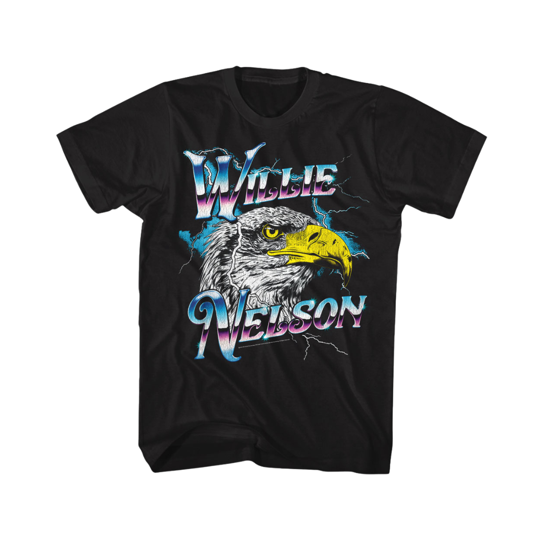 Black t-shirt with an eagle graphic and 'Willie Nelson' text on a white background