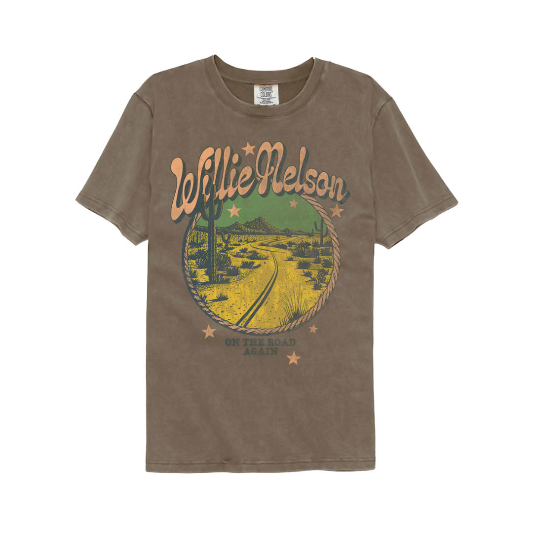 Brown t-shirt with Willie Nelson graphic design on a white background