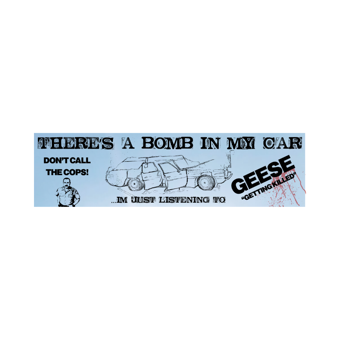 Sticker with text and graphic of a car on a white background