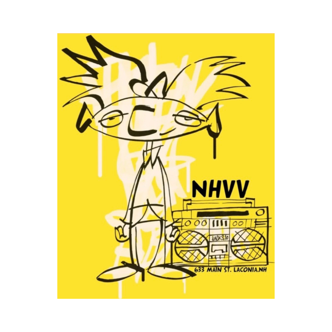 A graphic art print featuring a hand-drawn black and white cartoon character with spiky hair standing next to a boombox on a bright yellow background. The text 'NHVV' and '89 MAIN ST.