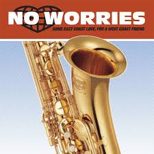 Gold saxophone with 'No Worries' text on a red and blue background