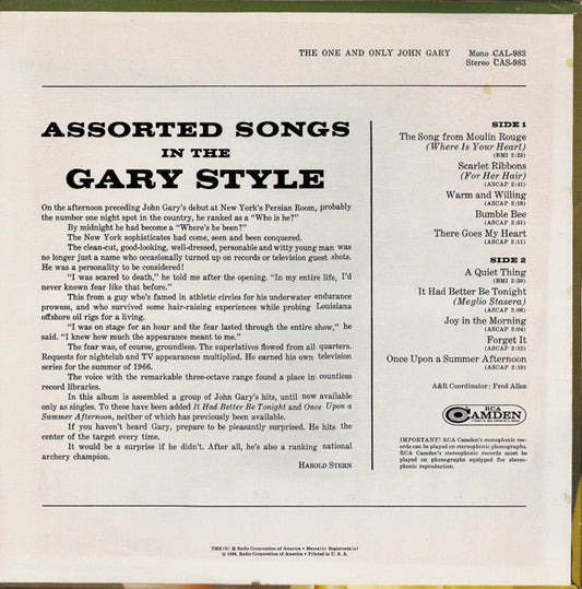 John Gary : The One And Only (LP, Album, Mono, Ind)