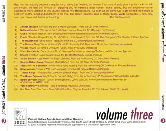 Various : Parasol's Sweet Sixteen 3 (CD, Comp, Promo, Smplr)