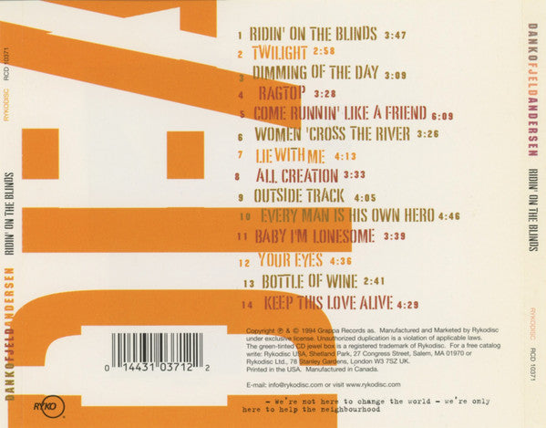 Rick Danko, Jonas Fjeld, Eric Andersen (2) : Ridin' On The Blinds (CD, Album)