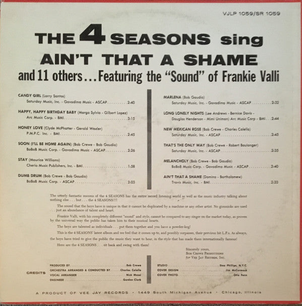 The 4 Seasons* : The 4 Seasons Sing Ain't That A Shame And 11 Others (LP, Album, Mic)