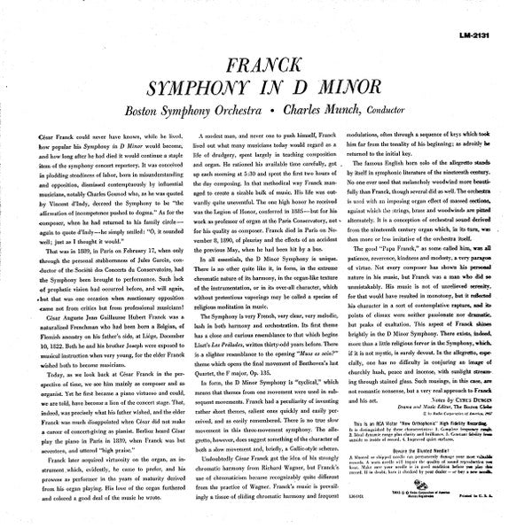 Franck* — Munch*, Boston Symphony* : Symphony In D Minor (LP, Mono, RP)