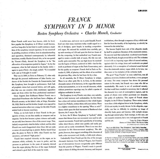 Franck* — Munch*, Boston Symphony* : Symphony In D Minor (LP, Mono, RP)