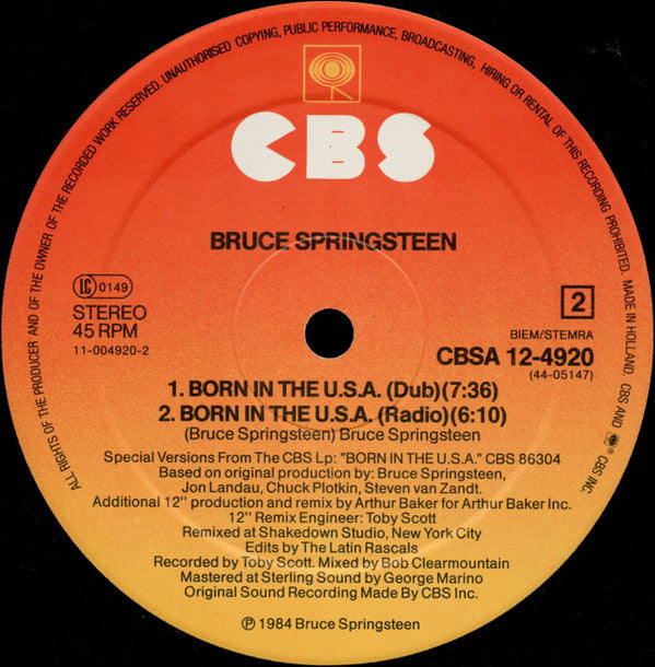 Bruce Springsteen : Born In The U.S.A. (12", Maxi, Sun)