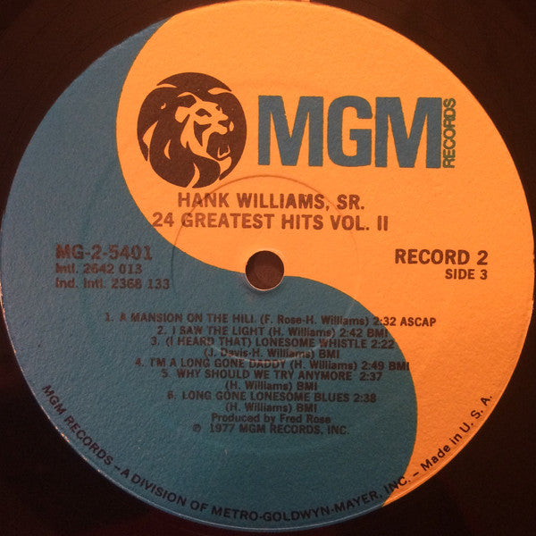 Hank Williams, Sr.* : 24 Greatest Hits Vol. 2 (2xLP, Comp, PRC)