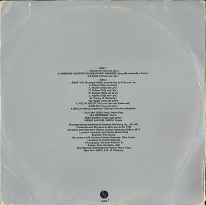 Focus (2) : Live At The Rainbow (LP, Album, Son)