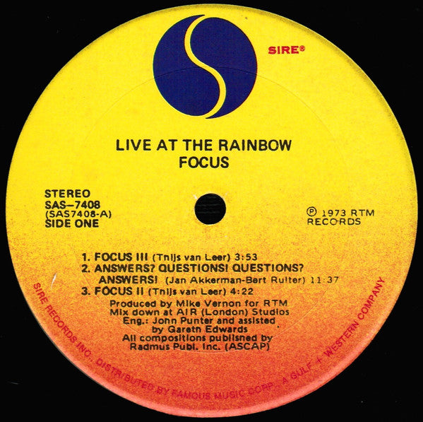 Focus (2) : Live At The Rainbow (LP, Album, Son)