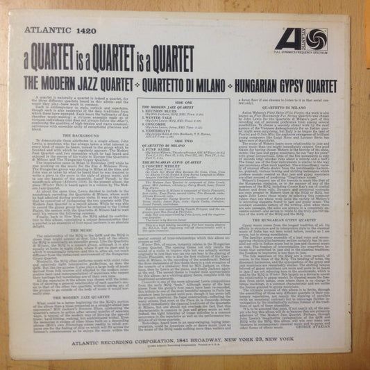 The Modern Jazz Quartet, Quartetto Di Milano, The Hungarian Gypsy Quartet : A Quartet Is A Quartet Is A Quartet (LP, Album, Mono)
