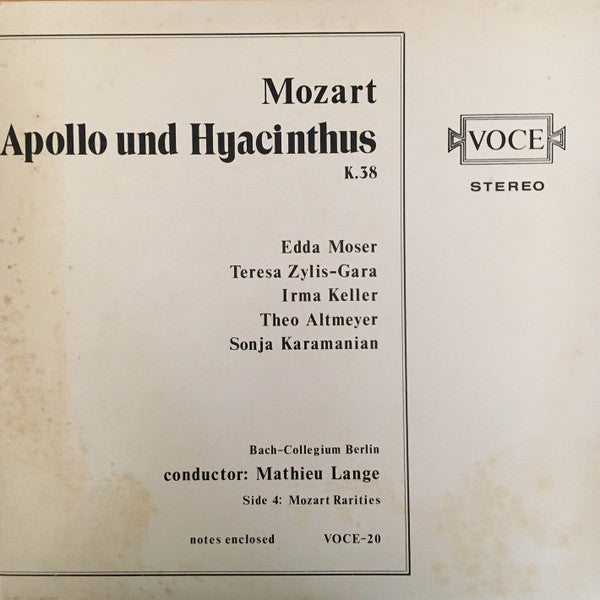 Mozart*, Edda Moser, Teresa Żylis-Gara, Irma Keller, Theo Altmeyer, Sonja Karamanian*, Bach-Collegium Berlin, Mathieu Lange* : Apollo Und Hyacinthus K. 38 (2xLP)