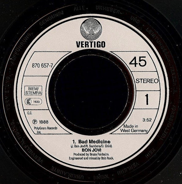 Bon Jovi : Bad Medicine (7", Single, Inj)
