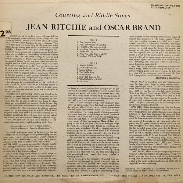 Jean Ritchie And Oscar Brand : Courting and Riddle Songs (LP, Album, RE)