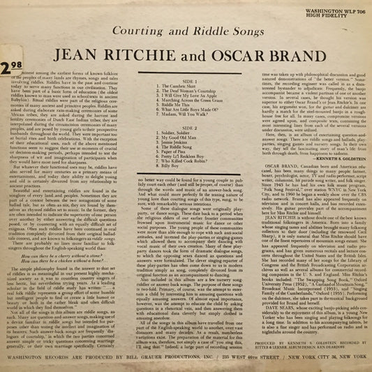 Jean Ritchie And Oscar Brand : Courting and Riddle Songs (LP, Album, RE)