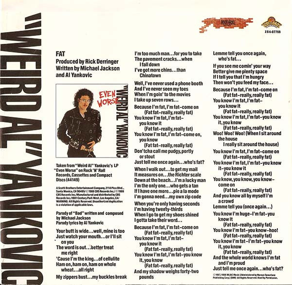 "Weird Al" Yankovic : Fat (7", Single, Styrene, Car)