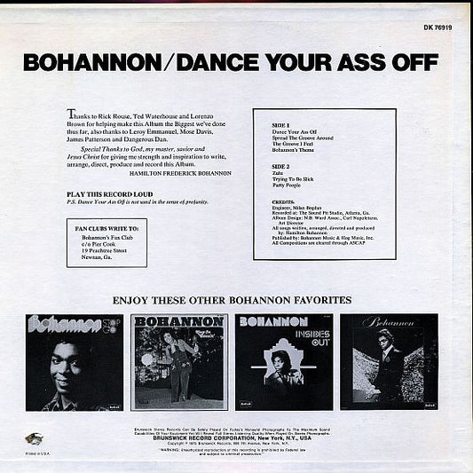 Bohannon* : Dance Your Ass Off (LP, Album, Pit)
