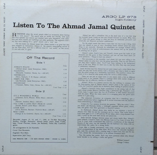 The Ahmad Jamal Quintet : Listen (LP, Album, RE)