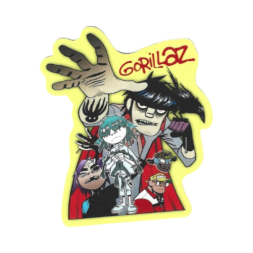 Sticker with cartoon characters and 'Gorillaz' text on a yellow border