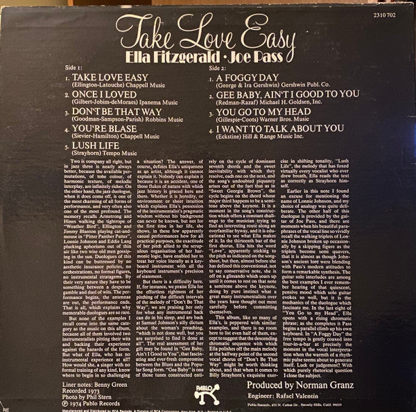 Ella Fitzgerald & Joe Pass : Take Love Easy (LP, Album, Ind)