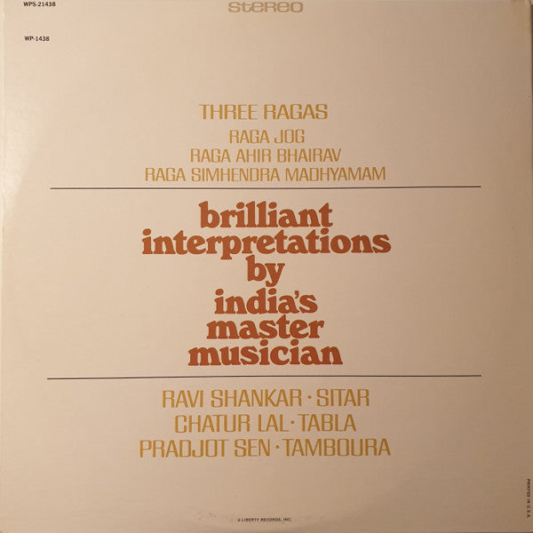 Ravi Shankar : Three Ragas (LP, Album, RE)