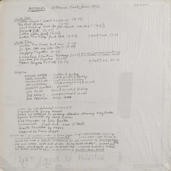 The Mothers : Fillmore East - June 1971 (LP, Album, Pit)