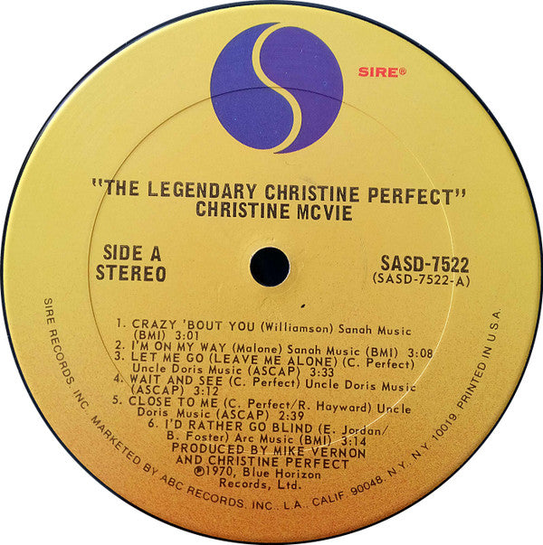 Christine McVie : The Legendary Christine Perfect Album (LP, Album, RE, San)