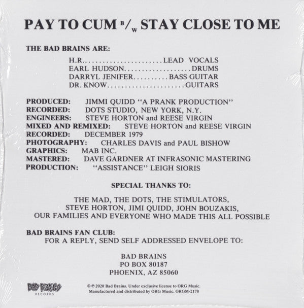 Bad Brains : Pay To Cum! (7", Single, RE, RM)