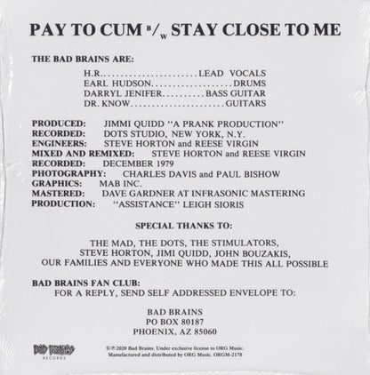 Bad Brains : Pay To Cum! (7", Single, RE, RM)