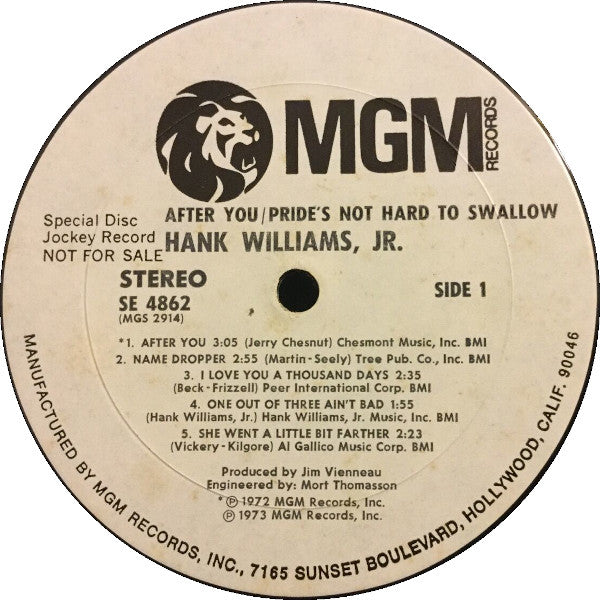 Hank Williams Jr. : After You / Pride's Not Hard To Swallow (LP, Album, Promo)