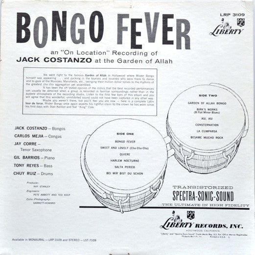Jack Costanzo : Bongo Fever - Jack Costanzo At The Garden Of Allah (LP, Album, Mono, RP)