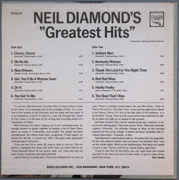 Neil Diamond : Neil Diamond's Greatest Hits (LP, Comp, SP)